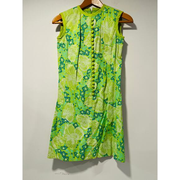 1960s Vintage Sleeveless Shift Mini Dress Floral High Neckline Lime Green Sm JL - Picture 1 of 12